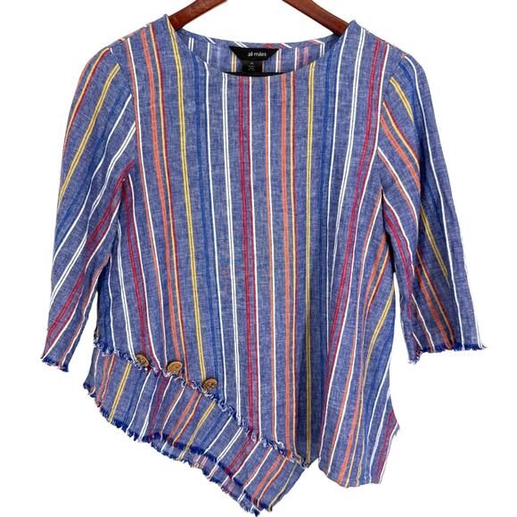 Ali Miles LINEN BLEND Sz PS Petite Small Blue Wearable Art Blouse Shirt Top - Picture 1 of 9